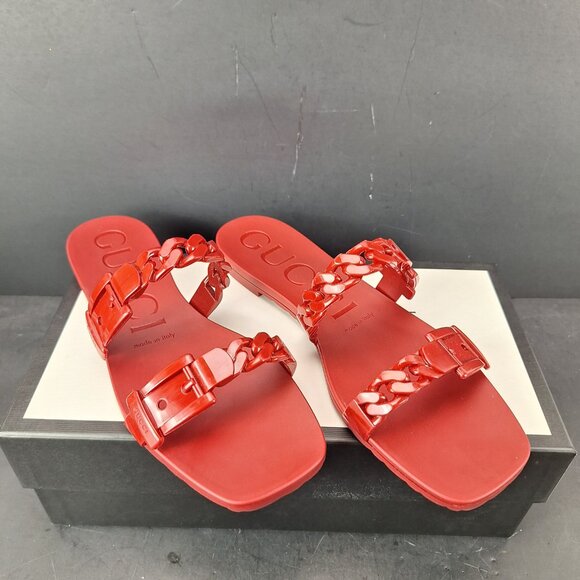 Gucci Rubber Buckle Chain Slide Sandals Womens Size 40 Hibiscus Red - Picture 2 of 14